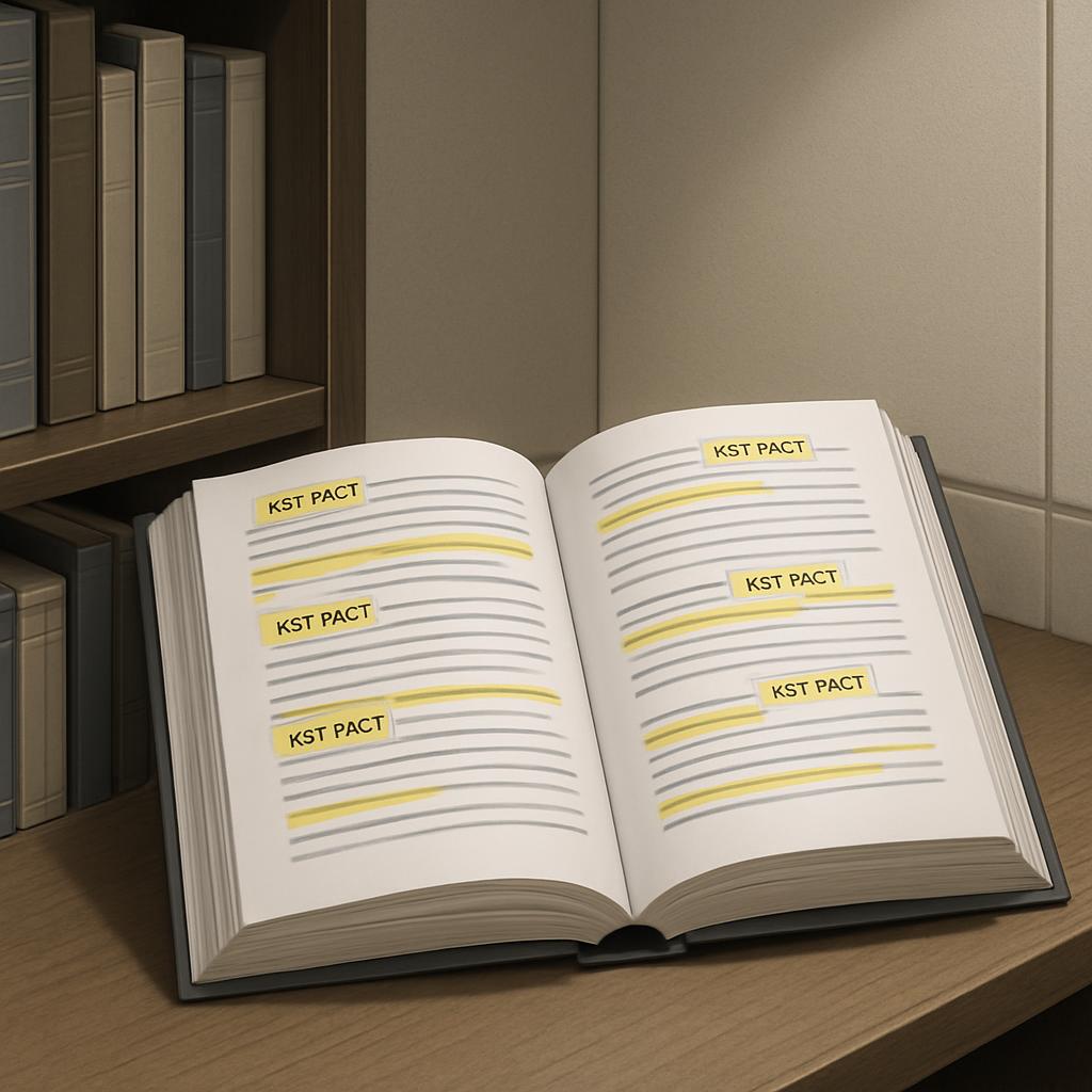 :text="A full open, gray hardcover book with yellow 'KST PACT' stickers on various pages above gray lines, lying on a brow...