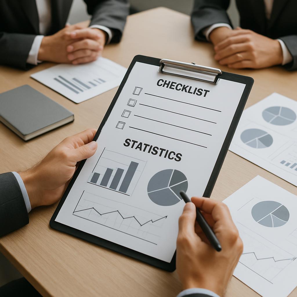 A picture of a person studying information on a statistics document.