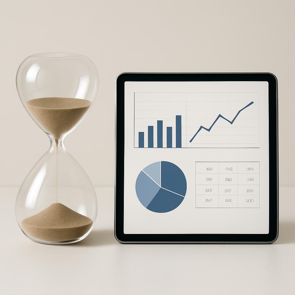 A tablet displays business charts on its sleek, silver framed screen. The left side of the background stands out with a st...